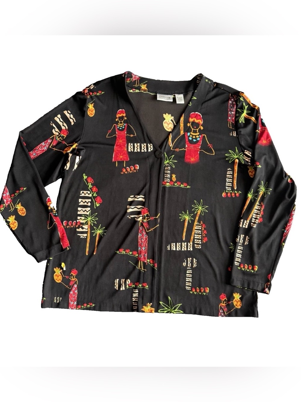 Chicos Travelers Cardigan All Over Print Tribal Open Slinky Size 3 XL